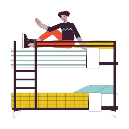 Latino Man Sitting Up In Bunk Bed Flat Line Color Vector Character Editable Outline Full Body Person On White Student In Dorm Waving Hand Simple Cartoon Spot Illustration For Web Graphic Design Illustration