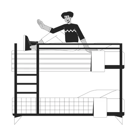Latino Man Sitting Up In Bunk Bed Flat Line Black White Vector Character Editable Outline Full Body Person Student In Dorm Waving Hand Simple Cartoon Isolated Spot Illustration For Web Design Illustration