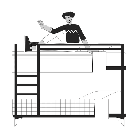 Latino man sitting up in bunk bed  Illustration