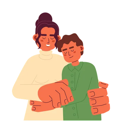 Latino mom teen son hugs  Illustration