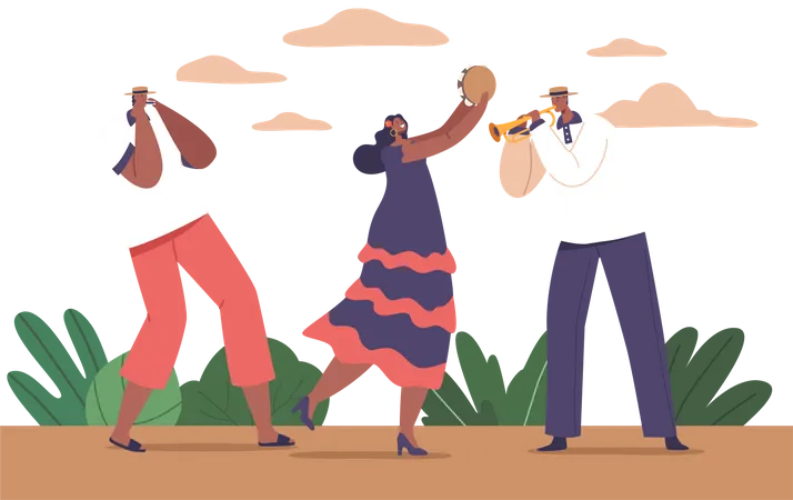 Latino Musician Characters Infuse Vibrant Rhythms And Melodies Reflecting Their Rich Cultural Heritage Creative Artists Playing Harmonica Trumpet And Tambourine Cartoon People Vector Illustration イラスト