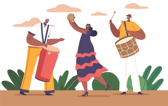 Latino Musicians Male And Female Characters Playing Drums And Tambourine Infuse Vibrant Rhythms And Melodies Creating Unforgettable Musical Experience Cartoon People Vector Illustration Illustration