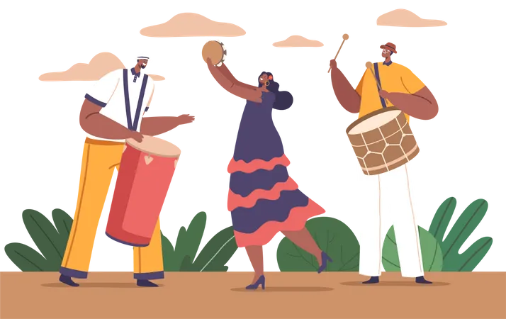 Latino Musicians Playing Tambourine  Illustration