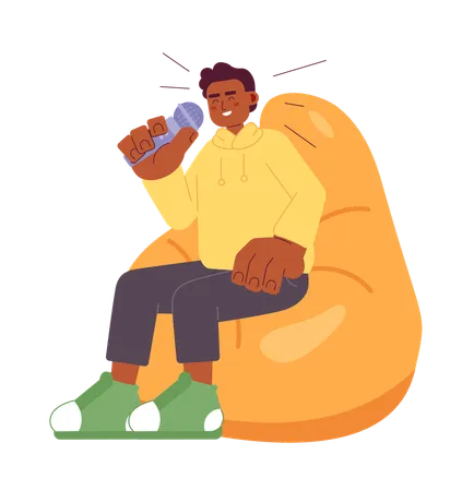 Laughing African American Man Beanbag Chair 2 D Cartoon Character Tv Show Host Adult Black Guy Holding Mic Isolated Vector Person White Background Comedian Chuckling Color Flat Spot Illustration イラスト