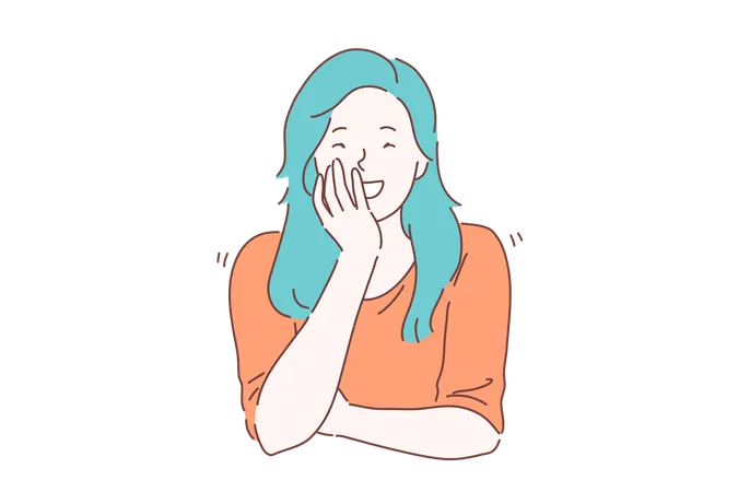 Laugh Joke Smile Concept Young Joyous Happy Woman Or Girl With Charisma Laughs Carefree Smiling Lady Giggling Closing Her Mouth With Her Hand Out Loud Not Hiding Her Emotions Vector Flat Design Illustration