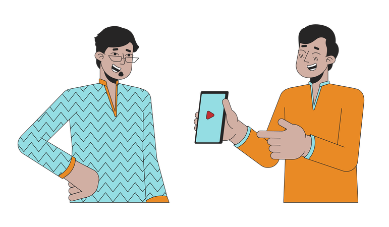 Laughing indian man pointing on phone to friend  Illustration