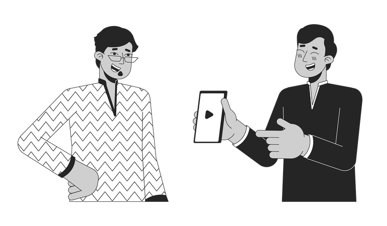 Laughing indian man pointing on phone to friend  Illustration