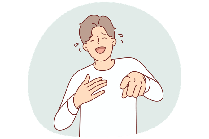 Laughing man pointing fingers at screen after hearing funny joke and nicker over funny joke  Illustration