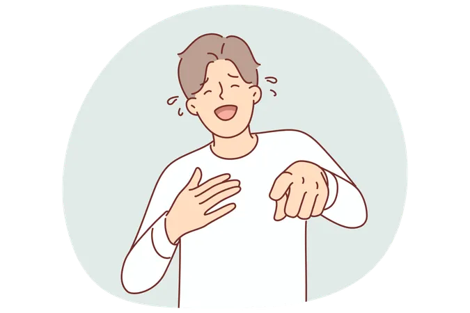 Laughing man pointing fingers at screen after hearing funny joke and nicker over funny joke  Illustration