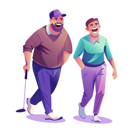 Laughing Men walking while holding golf stick  Illustration