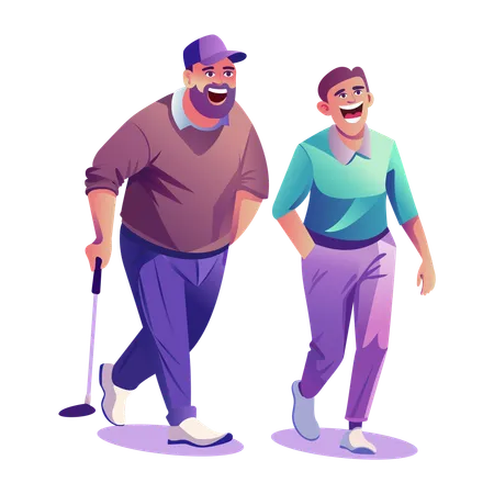 Laughing Men walking while holding golf stick  Illustration