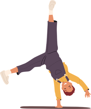 Laughing preteen boy standing upside down on one hand smiling feeling joy  Illustration