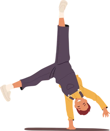 Laughing preteen boy standing upside down on one hand smiling feeling joy  Illustration