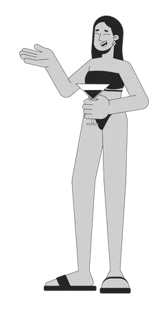 Laughing Woman At Beach Cocktail Party Black And White 2 D Line Cartoon Character Arab Female In Swimsuit Isolated Vector Outline Person Poolside Lounge Bar Monochromatic Flat Spot Illustration Illustration
