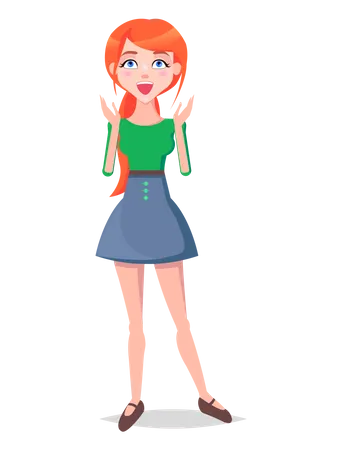 Laughing Woman With Closed Eyes And Open Mouth Isolated On White Background Redhead Girl Avatar Userpic In Flat Style Design Vector Illustration Of Glad Human In Green Blouse And Blue Skirt Illustration