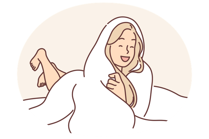 Laughing woman wrapped in blanket lies on bed not wanting to get up and go to work or college  Illustration