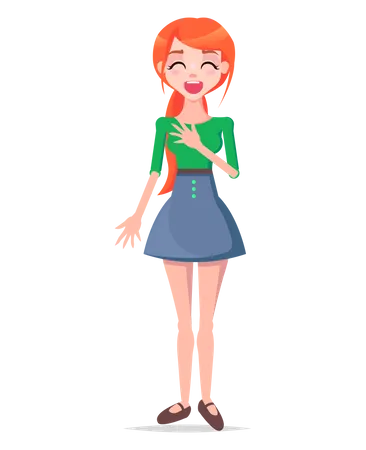 Laughing Young Woman Illustration Beautiful Redhead Girl Standing With Rosy Smiling Face Closed Eyes And Hand On Brest Flat Vector Isolated On White Exited Emotional Female Cartoon Character Illustration