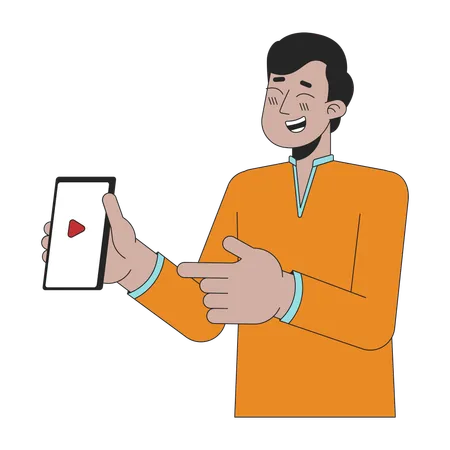Laughing Young Adult Indian Man Showing Phone 2 D Linear Cartoon Character South Asian Guy Isolated Line Vector Person White Background Hindu Festival Of Lights Deepawali Color Flat Spot Illustration Illustration