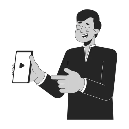 Laughing Young Adult Indian Man Showing Phone Black And White 2 D Line Cartoon Character South Asian Guy Isolated Vector Outline Person Hindu Festival Of Lights Monochromatic Flat Spot Illustration Illustration