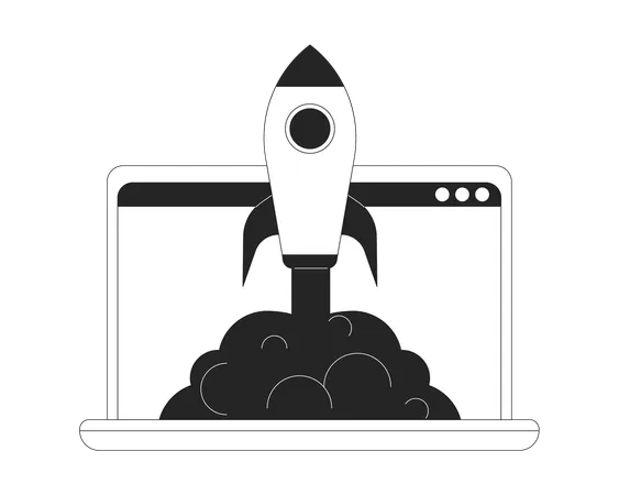 Launch E Commerce Business Bw Concept Vector Spot Illustration Rocket In Laptop 2 D Cartoon Flat Line Monochromatic Object For Web UI Design Editable Hero Image For Landing Page Mobile Header Illustration