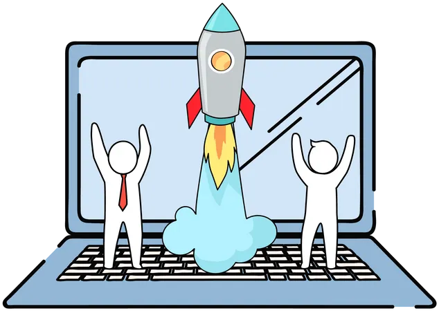 Digital People Standing Near Rocket Startup Symbol Start Of Project Launch New Plan Work With Technology Concept Teamwork With Planning Business Launching Idea Work With Business Development Illustration