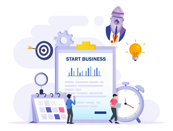Start Business Concept Flat Design New Business Project Start Up Development And Launch A New Innovation Product On A Market 일러스트레이션
