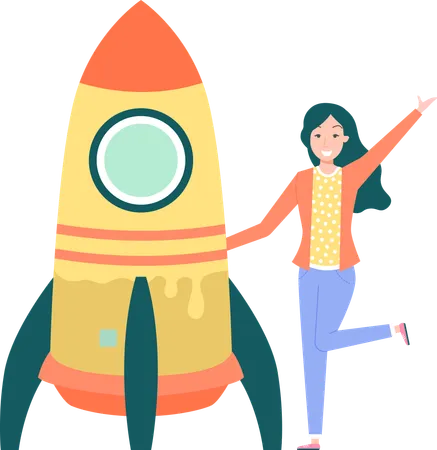 Financial Assets And Rocket With Ready To Be Launched Launching New Startup Creating Project Woman Standing Near Spaceship Rocket As Symbol Of Startup Creative Idea Business Project Concept Illustration