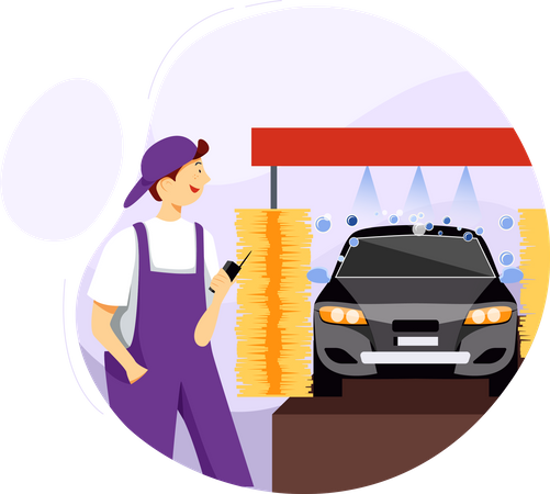 Lavado de autos con maquina  Ilustración