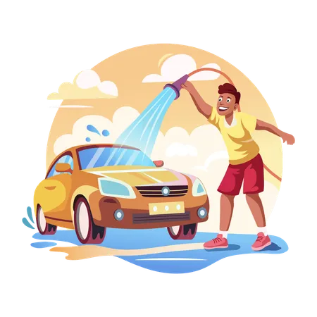 Lavado de coche con tubería de agua  Ilustración