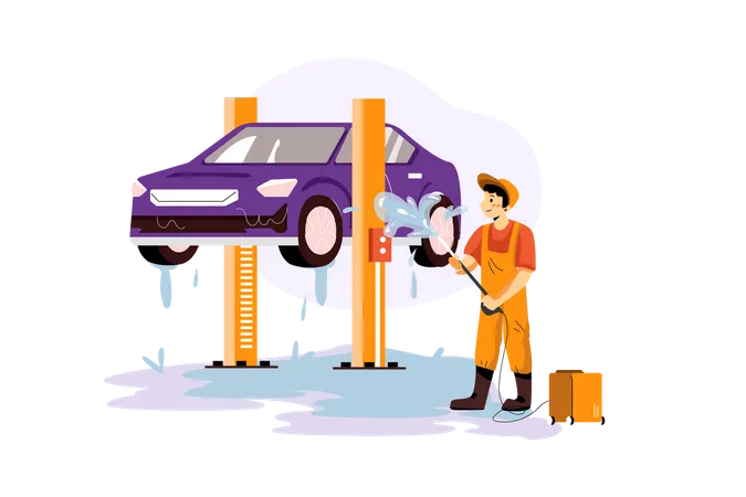 Lavado de coches mediante pulverización de agua.  Ilustración