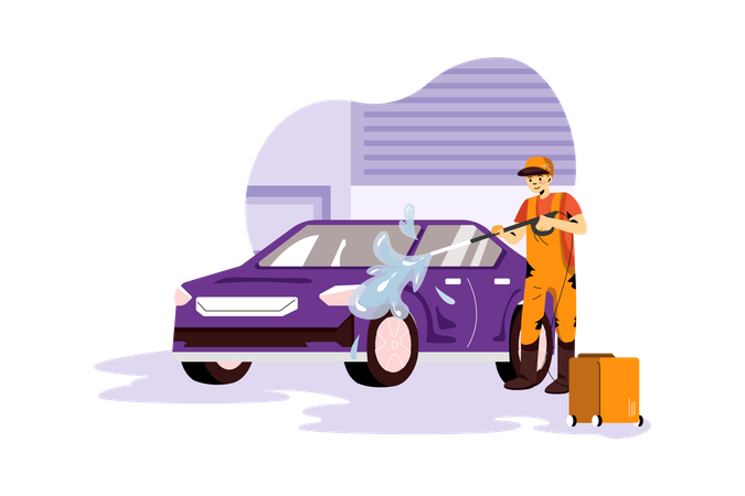 Lavado de coches mediante pulverización de agua.  Ilustración