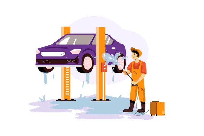 Lavado de coches mediante pulverización de agua.  Ilustración
