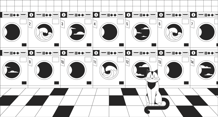 Lavadoras comerciales con gato.  Ilustración