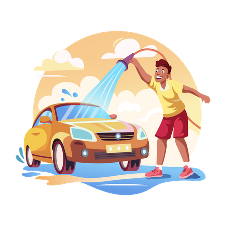 Lavage de voiture avec un tuyau d'eau  Illustration