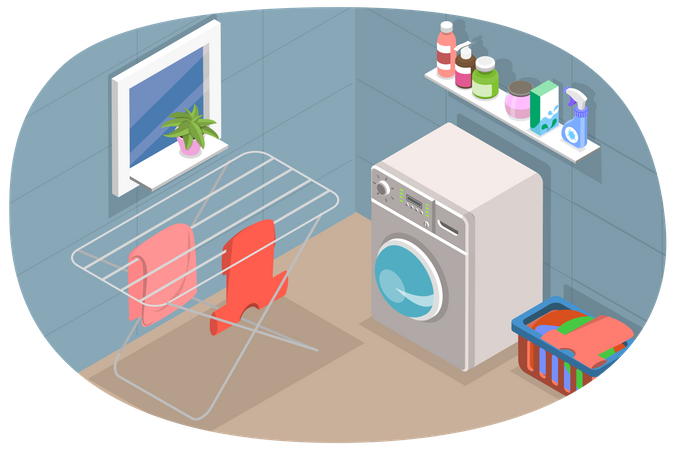Interior da lavanderia, cena doméstica com máquina de lavar e outras coisas de lavanderia  Ilustração