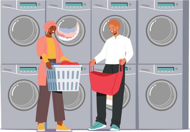 Pessoas em lavanderia pública  Ilustração
