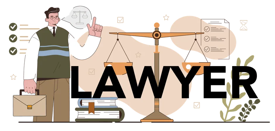 Lawyer Typographic Header Law Advisor Or Consultant Advocate Defending A Customer At The Proceeding Punishment And Judgement Idea Vector Flat Illustration Illustration