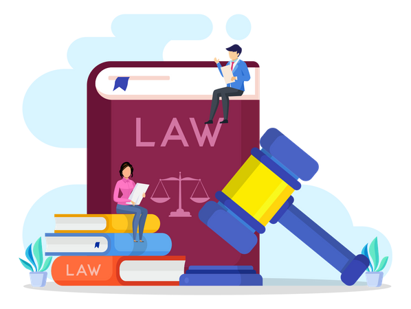 Law Studies. Stack Of Books, Open Book And Judge Gavel Vector  Illustration