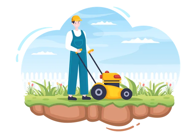 Lawn Mower Cutting Green Grass Trimming And Care On Page Or Garden In Flat Cartoon Illustration イラスト