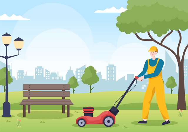 Lawn Mower Cutting Green Grass in park Illustration