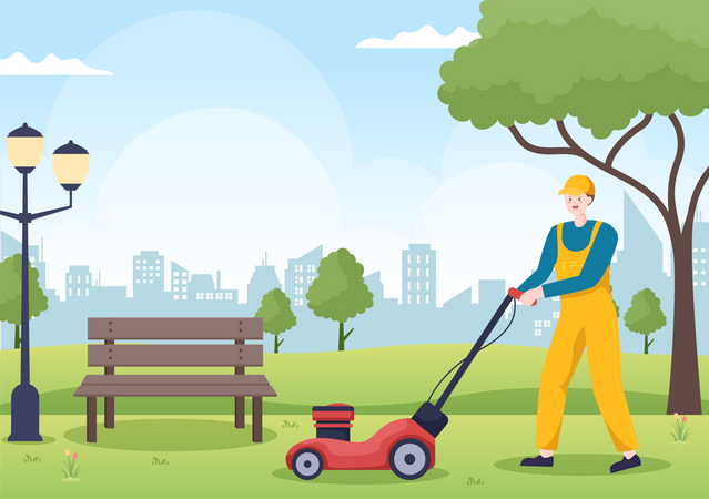 Lawn Mower Cutting Green Grass in park  Illustration