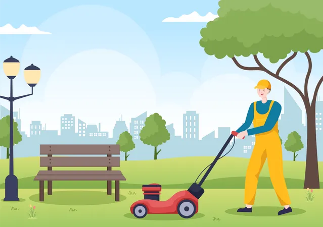 Lawn Mower Cutting Green Grass in park  Illustration