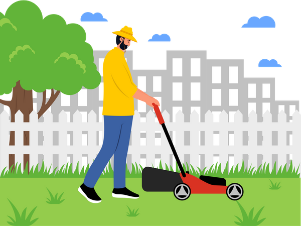 Lawn Mower Cutting Green Grass in park  Illustration