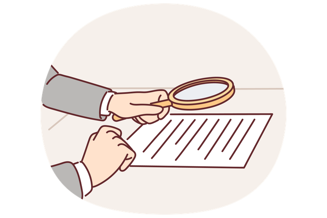 弁護士が契約書に虫眼鏡をかけて、文書の誤りをチェックするコンセプトを示す  イラスト