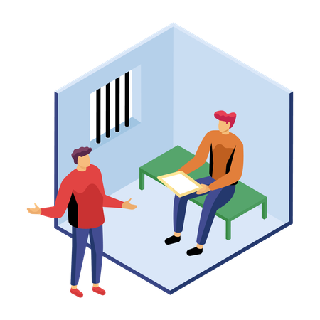 Lawyer talking to client in jail  Illustration