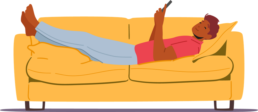 Lazy boy relaxing on couch and chatting on phone Illustration