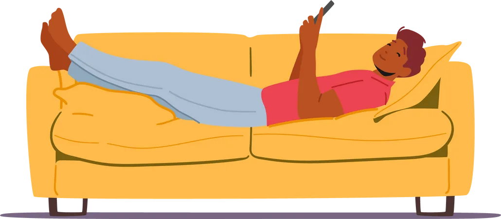 Lazy boy relaxing on couch and chatting on phone  Illustration