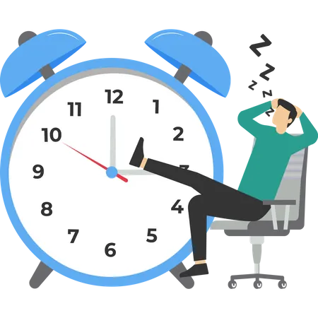 Lazy businessman sleeping in running time clock  Illustration