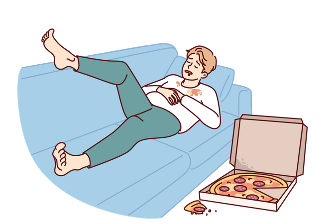 Lazy man eats pizza while sleeping on sofa  Illustration