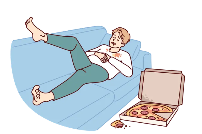 Lazy man eats pizza while sleeping on sofa  Illustration